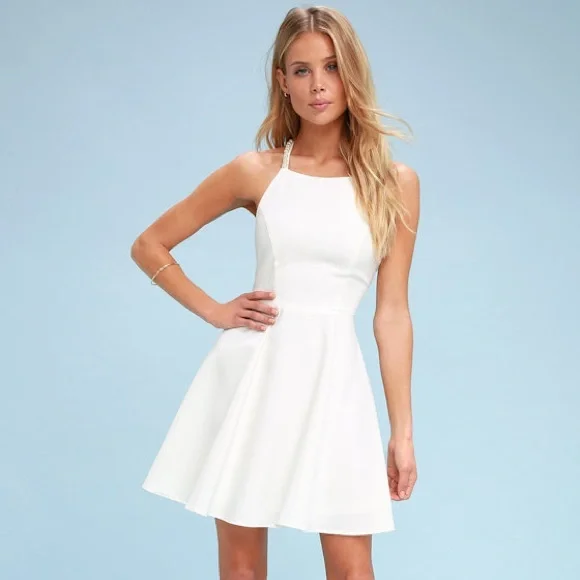 Lulus NWOT Faux Pearl Adore You White Skater Dress Size Small - Picture 4 of 10